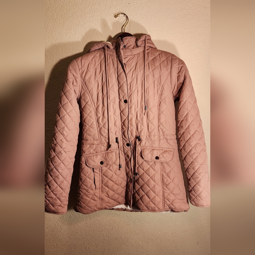 Royalty for Me Black Pink Zip Faux Fur Trim Detachable Hood Pockets Coat sz M